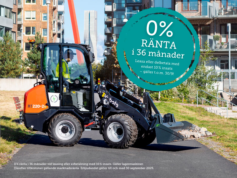 Kubota-maskin med kampanjbudskap: 0 % ränta i 36 månader. Gäller lagermaskiner till 30/9.